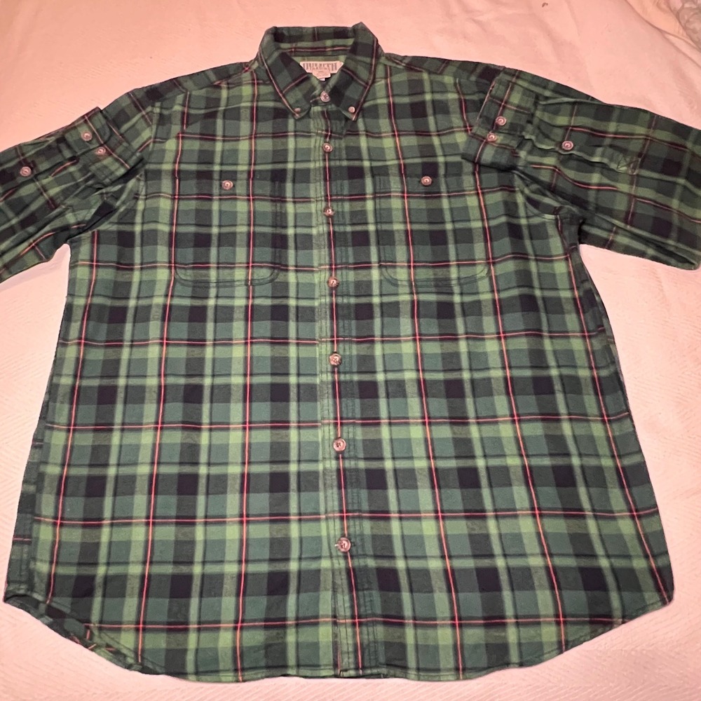Duluth Trading Co Mens 2XL Trim Fit Green Plaid Flannel Button Down Shirt Cotton